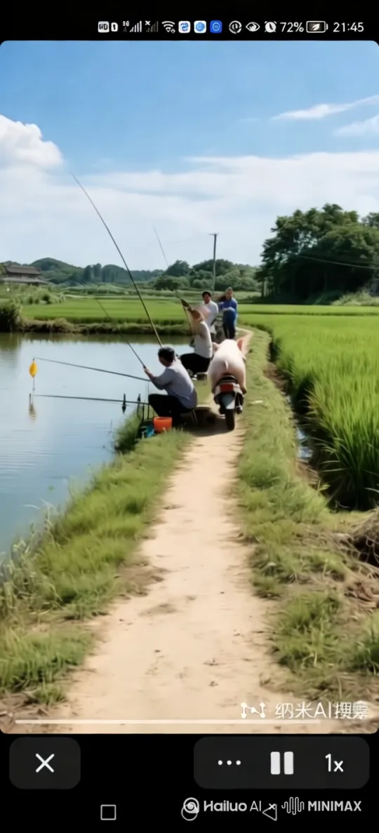 宁静的乡村小道上,农舍旁几个村民在唠嗑。一辆电动车停在路边,一头憨态可掬的小猪慢悠悠爬了上去。生成动态词:小猪一屁股坐稳,前蹄熟练拧动把手,电动车“嗖”地一下快速开走,留下村民们原地发懵。 by Hailuo AI Video Generator