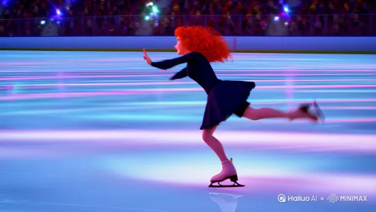 女人merida花样滑冰 。女人花样滑冰 快速向前滑行 镜头跟随 ， free skate，compulsory。然后 女人跳起 SALCHOW ，WALTZ  空中转身， TOE LOOP，空中转身3圈，， 空中转体三周半 360度，  AXEL 。然后 女人落地 弯腿缓冲 缓冲落地 伸展手臂， 镜头推进，。  。3d动画。 手持拍摄，镜头跟随，镜头摇晃， high action，cinematic，shaky camera ，90年代的日本动漫风格,， ，3d mmd by Hailuo AI Video Generator