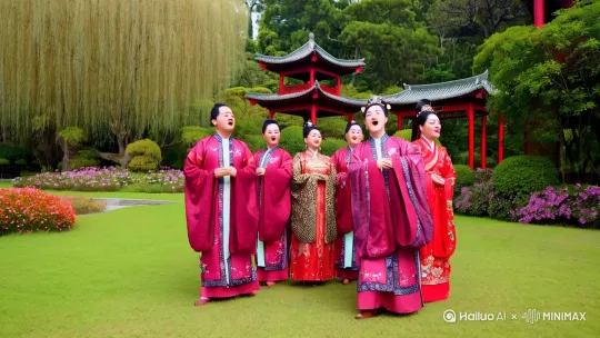 随意选五个红楼梦中的人物，配上海南岛调声音乐，这五个人在唱调声的场景，地点在大观园 by Hailuo AI Video Generator