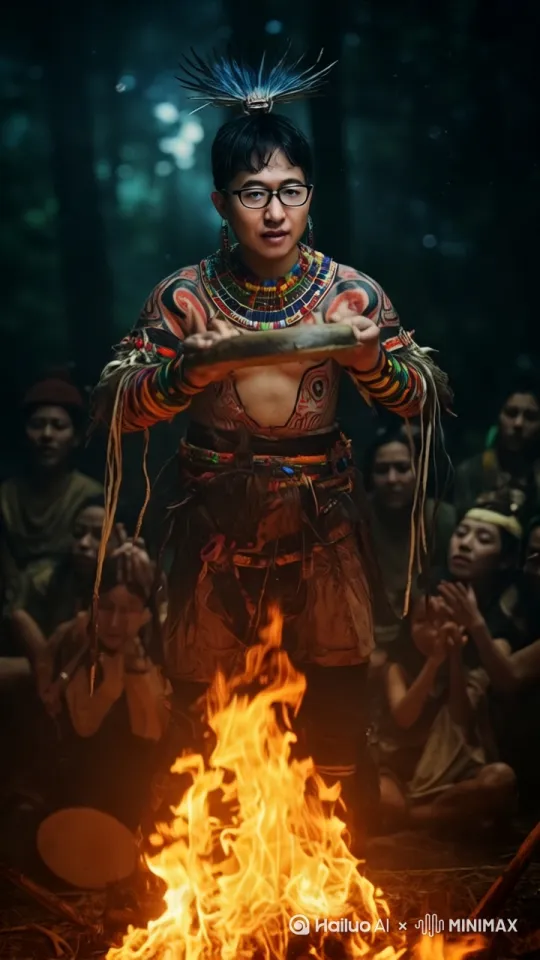 东北男性萨满在原始森林，在篝火堆旁跳大神祈求神灵形象，头上带着羽毛装饰的萨满帽子，身上脸上涂着油彩，穿着萨满服饰，服装上装饰着各种颜色的宝石和兽骨，手里拿着萨满鼓，载歌载舞，身旁围着一群跪在地上的族人，双手举着祈求上天，画面充满神秘感，[推出,上升,下摇] by Hailuo AI Video Generator