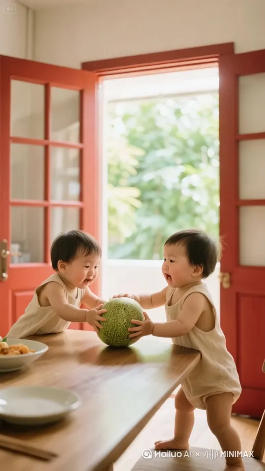 固定镜头，近距离拍摄，两个萌娃都紧紧的抓住西瓜，你拉我扯，谁也不肯放手，左边的萌娃踢了一脚右边的萌娃，右边的萌娃用手抓了一把左边的萌娃，就这样拳打脚踢，你争我抢，拉拉扯扯的在争抢着，哈密瓜突然曝炸，炸得瓜肉瓜汁到处飞，弄到两萌娃脸上，身上和桌子上。都是瓜汁，到处一片狼藉，都哭个不停。中距离拍摄，超高清质感。 by Hailuo AI Video Generator