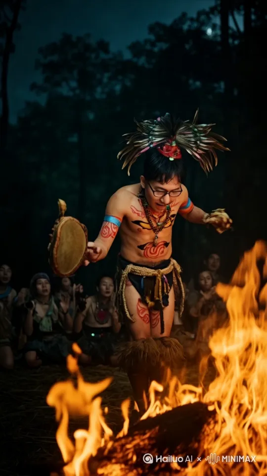 东北男性萨满在原始森林，在篝火堆旁跳大神祈求神灵形象，头上带着羽毛装饰的萨满帽子，身上脸上涂着油彩，穿着萨满服饰，服装上装饰着各种颜色的宝石和兽骨，手里拿着萨满鼓，载歌载舞，身旁围着一群跪在地上的族人，双手举着祈求上天，画面充满神秘感，时长要求26秒以上。 by Hailuo AI Video Generator
