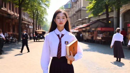 穿着民国时期的校服走在民国时期的大街上，镜头在侧拍，中镜头 by Hailuo AI Video Generator