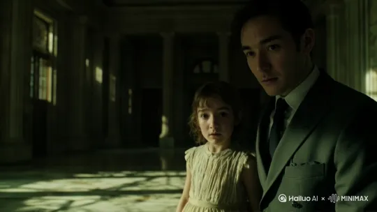 镜头慢慢推进 远处出现了一个黑影 两个人同时向黑影望去 by Hailuo AI Video Generator