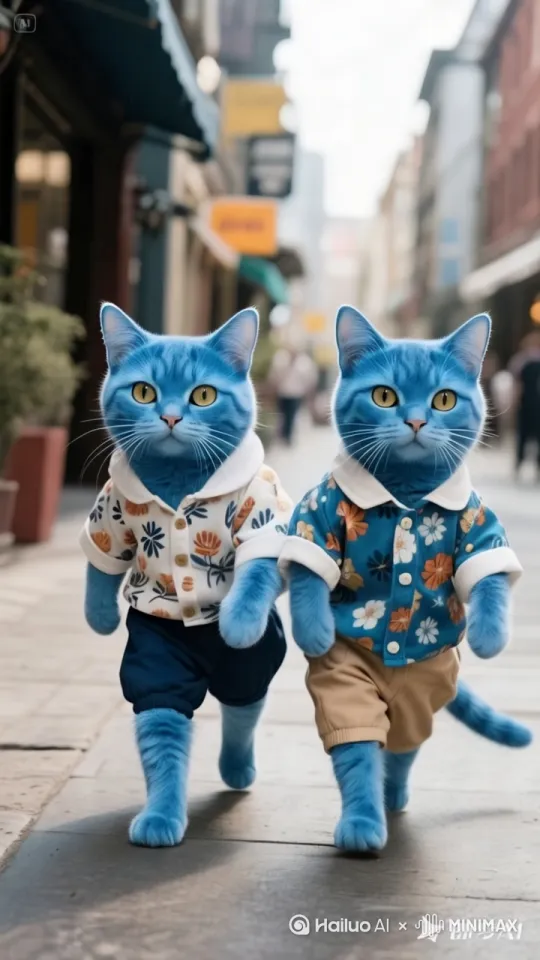 7两只蓝猫淘气地走在街上上，洋气十足 by Hailuo AI Video Generator