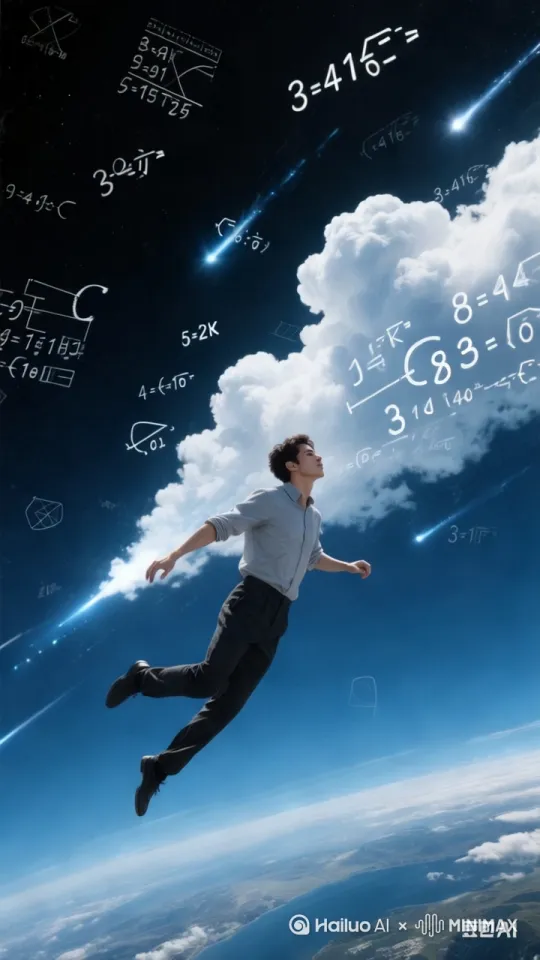 空中的数学符号，字母，公式在飞舞，云彩在移动。天空变化成数字构成的宇宙星空。帅哥慢慢的升空，然后飞向太空。 by Hailuo AI Video Generator