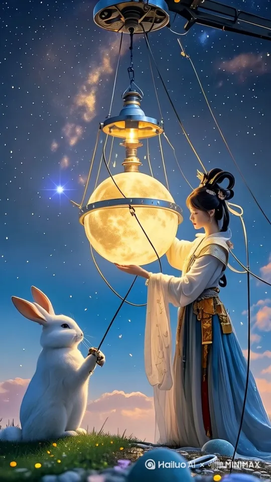 嫦娥正在维修月亮，月亮就像一个吊灯一闪一闪的好像要坏了一样 by Hailuo AI Video Generator