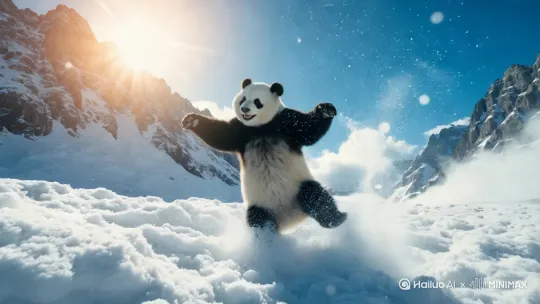 戴着太阳镜的毛茸茸的熊猫在日出时的雪山顶上跳舞，左移运镜 by Hailuo AI Video Generator