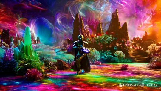 一名外星人战士，在一个奇异的世界里面，拿着能量武器准备埋伏敌人 by Hailuo AI Video Generator