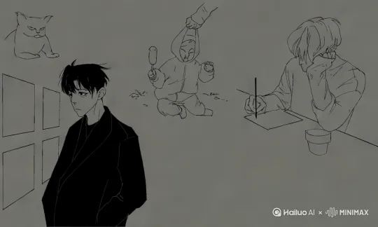 中景拍摄，男人穿着黑色西服，面容颓废地观看着墙上的画作，背景演奏着轻柔配乐，一个小姑娘撞到了他身上，她被男人拎了起来。 by Hailuo AI Video Generator