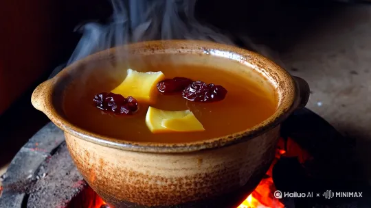 暗红色干枣与浅黄色姜片在翻腾的琥珀色汤汁中沉浮。正视角特写镜头聚焦于粗陶罐口，沸腾的水汽携带着枣香氤氲升腾。灶膛里柴火余烬的柔光映照在汤面，布满岁月痕迹的陶罐表面泛着温润的光泽，细小的气泡在姜片边缘缓缓破裂。 by Hailuo AI Video Generator
