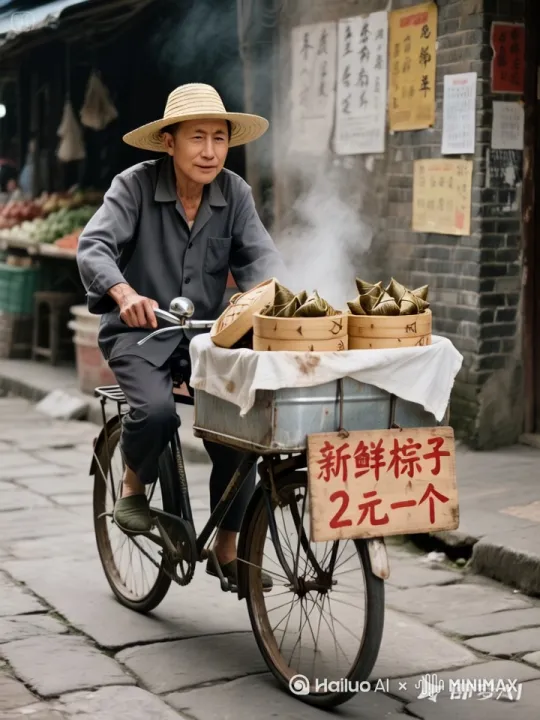 [右移,左摇,跟随]男子骑着单车向前行驶，蒸笼上的热气徐徐上升， by Hailuo AI Video Generator
