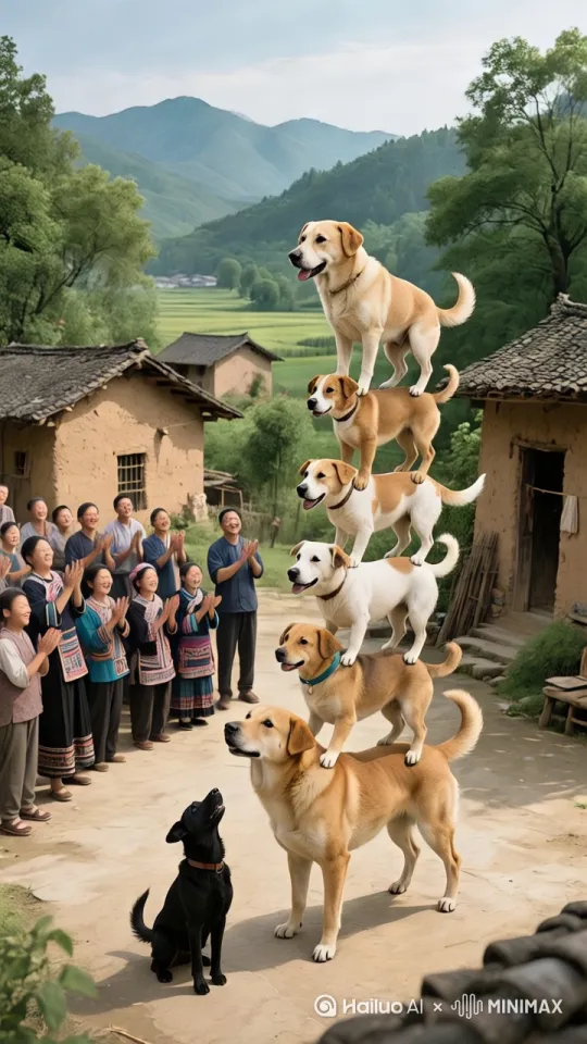 在充满乡土气息的中国农村场景中,几座古朴的土坯房错落分布,周围绿树环绕,远处是青山和田野。一群穿着民族特色服饰的村民聚集在院子里鼓掌围观。画面中心是一组狗狗叠罗汉的奇特景象,从体型较大的狗到较小的狗,依次稳稳站在彼此背上,最下面一只大狗旁还有一只小黑狗仰头张望,营造出一种荒诞搞笑的氛围。 by Hailuo AI Video Generator