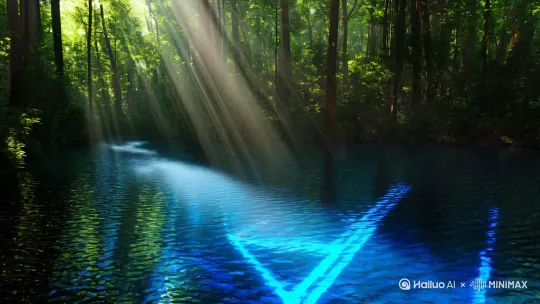 画面：森林深处，阳光穿过树缝，特写水面倒映星光几何 by Hailuo AI Video Generator