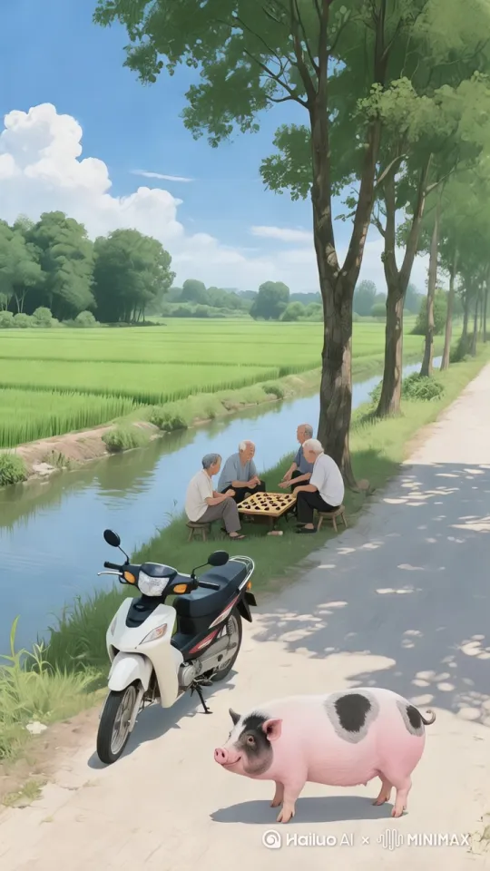 母猪跳上电动车，然后把电动车开走了，下棋的小都很吃惊 by Hailuo AI Video Generator