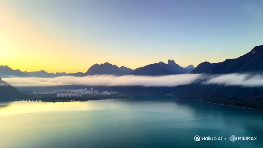 画面：晨雾中的高山+水晶湖泊，微微闪现透明城市轮廓 by Hailuo AI Video Generator