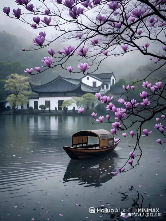 雨水顺着花枝滴落，小船在水面漂浮，8K高清，电影质感，大师级展现 by Hailuo AI Video Generator