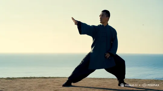 熊大大穿着练功服，在海边打着八极拳，刚猛有力。 by Hailuo AI Video Generator