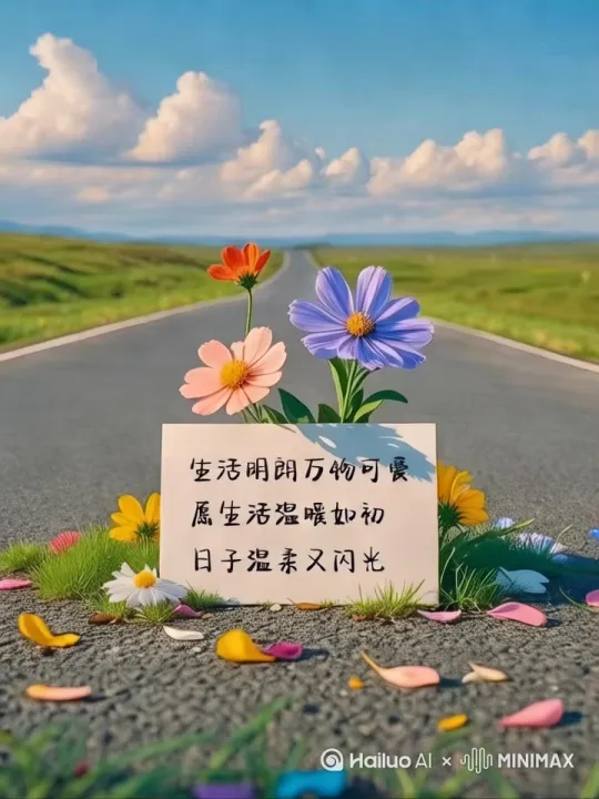 白云悠悠，小花随风摆动，花瓣飞舞 by Hailuo AI Video Generator