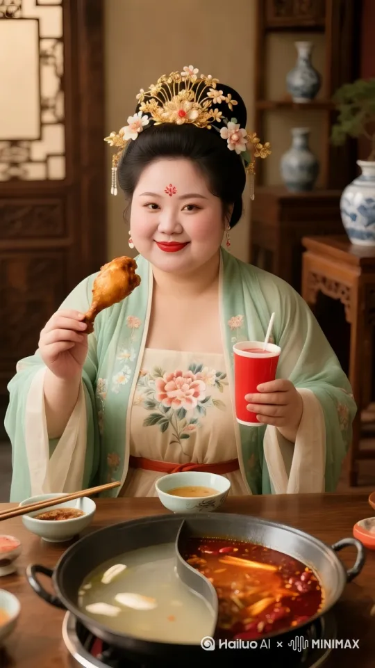 胖女人正在啃鸡腿，突然三个帅哥跑过来向她求爱。 by Hailuo AI Video Generator