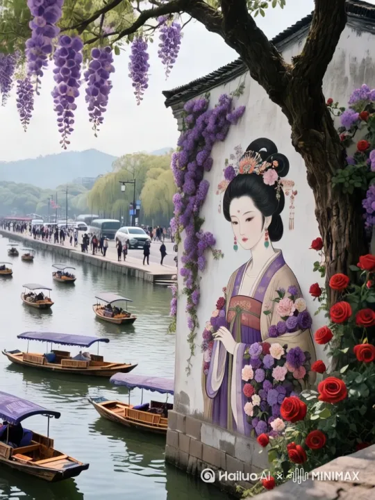 墙壁上主体固定[推出,上升,下摇]美女不动，美女衣服上以及墙上，树上，所有的树和花朵都在随风飘摆，湖面上的船由远及近的行驶着，路上的行人和车辆也在正常行进中。 by Hailuo AI Video Generator