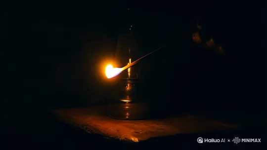 黑暗中，一根火柴吡的一声点燃了，火柴点亮了放在桌上的一盏煤油灯，煤油灯亮起来了，煤油灯的火焰燃烧着，房间里亮起来了 by Hailuo AI Video Generator
