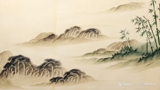 生成中国风山水画卷轴展开或粽叶飘落的端午节水墨风格动画， by Hailuo AI Video Generator
