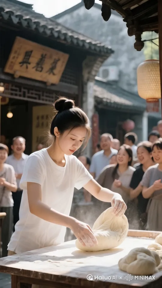 小姐姐气运丹田，双手如钳子般抓住面团疯狂旋转，面团被拉成丝丝缕缕。她顺势一个转身丝丝缕缕的拉面像陀螺一样围绕着小姐姐转圈圈，观众惊得目瞪口呆，随即掌声雷动。 by Hailuo AI Video Generator