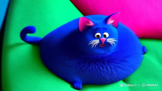 3D动画风格，画面主题是一只蓝色的胖猫，耳朵内侧为粉色，有着白色的胡须和粉色的鼻子，在床上快速转圈 by Hailuo AI Video Generator