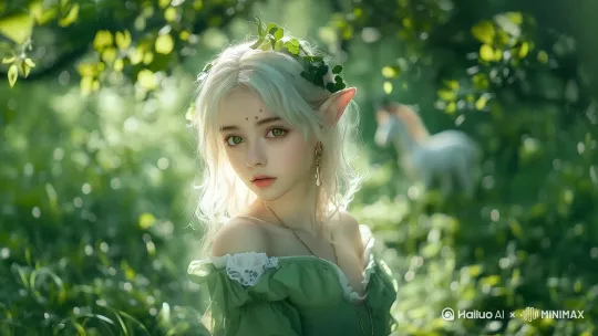 身着绿色蕾丝裙的金发女子在森林中缓步前行，叶片头饰随步伐轻轻摇曳，白色独角兽从远处树影间缓缓走近，阳光穿透茂密枝叶形成斑驳光点，柔和微风带动裙摆与发丝自然飘动，固定镜头延续神秘宁静的森林精灵氛围。 by Hailuo AI Video Generator