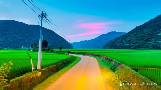 这张照片展现了一幅乡村黄昏美景。画面中央是一条蜿蜒的乡间小路，路面呈土黄色，延伸向远方，仿佛通向未知的宁静之地。小路两侧是大片绿油油的稻田，生机勃勃，彰显着自然的活力。

画面左侧矗立着一根电线杆，几条电线斜向伸展，为画面增添了几分生活气息。背景中，连绵起伏的山峦轮廓清晰，山上覆盖着茂密的植被，呈现出深绿色。

天空色彩斑斓，上方大部分区域是澄澈的蓝色，越接近地平线，颜色越丰富。靠近地平线处，有一抹绚丽的橙红色云霞，与蓝色天空相互映衬，展现出黄昏时分天空独有的梦幻与浪漫，整个场景静谧而美好，充满了自然的诗意。 by Hailuo AI Video Generator
