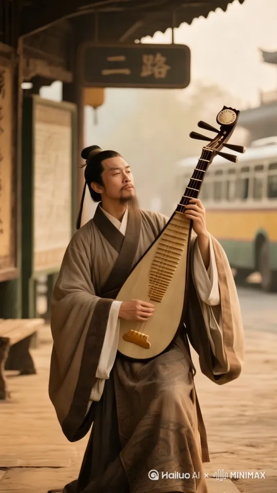 图中的人物，非常丝滑的弹着手里的古琴，摇滚一样摇晃身体，嘴巴不停歌唱，非常有节奏感，运镜，由近及远，细腻。下着雪。[推出,上升,下摇] by Hailuo AI Video Generator
