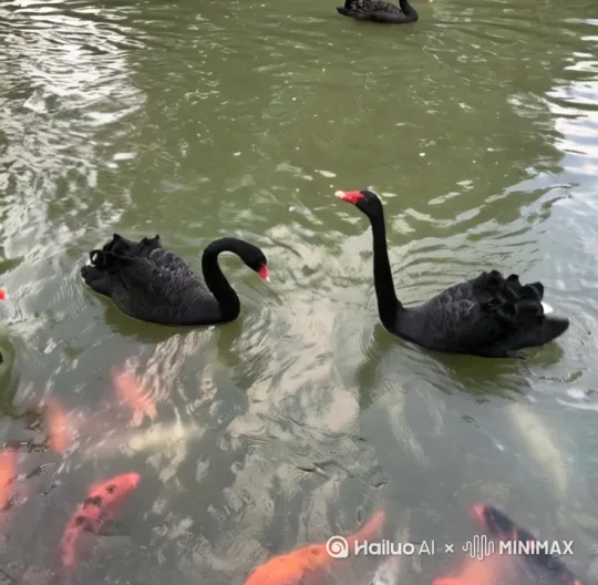 一对黑天鹅，以园中湖为家。游弋，戏水，捕鱼，吃虾，展翅掠水飞翔，耳鬓厮磨，筑巢产卵。忽一日，一对美少男少女携手而来，喂食，抚摸天鹅，各自乘一天鹅飞向月球。 by Hailuo AI Video Generator