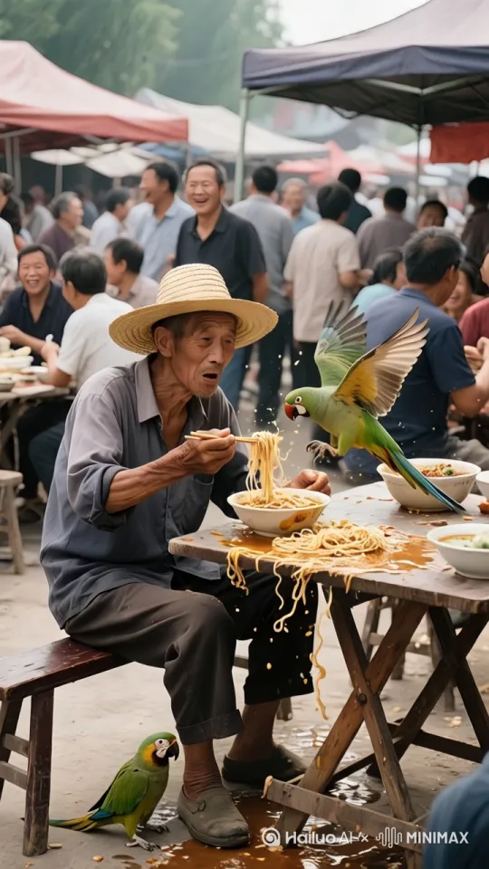 镜头画面：在农村的老屋里，一张掉漆的八仙桌上摆满了饭菜，一位穿着旧中山装的大叔正准备吃饭。旁边站着一只色彩艳丽的鹦鹉，脚链拴在桌腿上。大叔刚拿起筷子，鹦鹉就用爪子抓了个馒头。生成动态词：大叔瞪大双眼，伸手去抢馒头，鹦鹉叼着馒头左躲右闪，还嘎嘎乱叫。
 
镜头画面：农村小院里，石桌上放着一碗红烧肉，主人是个扎着马尾辫的大妈，正端着碗吃饭。鹦鹉站在一旁，趁大妈不注意，用尖嘴啄了块肉就飞起来。生成动态词：大妈气得跳起来，举着碗追鹦鹉，鹦鹉在空中得意地飞来飞去，嘴里的肉还摇摇欲坠。
 
镜头画面：赶大集的露天饭摊上，一个头戴草帽的大爷坐在长条凳上吃面条。大爷脚边的鹦鹉突然飞上桌，用爪子搅乱了大爷的面条。生成动态词：大爷愣住，随后伸手去抓鹦鹉，鹦鹉扑腾着翅膀，溅得面条汤汁到处都是，惹得周围人哄笑。 by Hailuo AI Video Generator