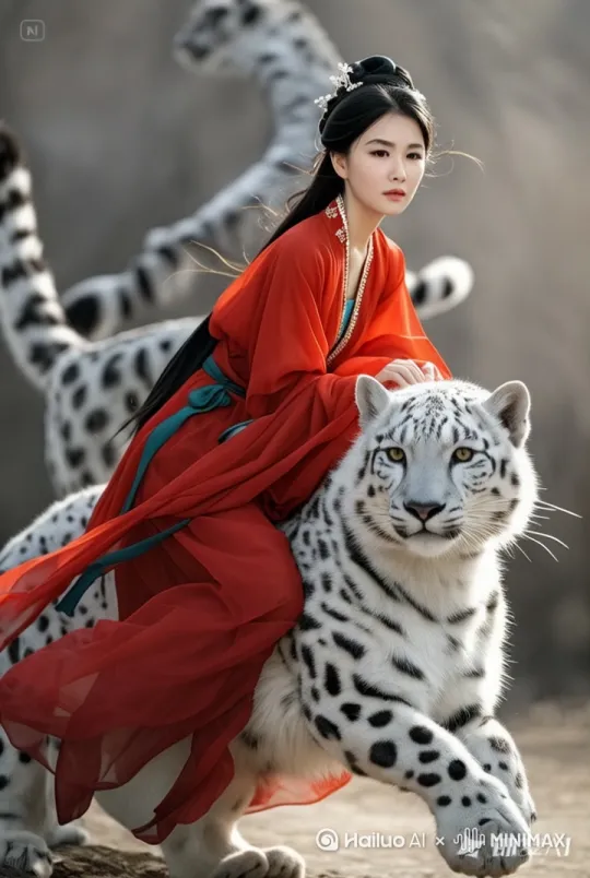 以中国古代神话仙侠为背景，视频开场，画面从云雾缭绕的神秘山谷中缓缓拉开，光影斑驳。身着一袭鲜艳夺目红色古装的女子，衣袂飘飘，红裙上的翠绿色丝带随风轻舞，发丝如墨，精致的发饰闪耀微光。她优雅且从容地骑在一只威风凛凛的雪豹身上，雪豹皮毛雪白，黑色斑纹如墨染，双眸如金色琉璃，散发着神秘而强大的气息。
 
女子微微仰首，眼神坚定又带着一丝清冷，凝视远方。雪豹步伐矫健，肌肉线条流畅，每一步都踏得沉稳有力，脚下扬起细碎尘土。在行进过程中，周围环境逐渐变化，从怪石嶙峋的山谷，到繁花似锦的仙境般山林，花瓣在空中纷纷扬扬飘落。
 
背景音效搭配轻柔的古风丝竹之音，间或夹杂着雪豹低沉的吼声。随着雪豹的奔跑，画面切换到一处古老的城池，城墙上旌旗猎猎，城内人影绰绰。女子与雪豹穿城而过，百姓们投来敬畏又好奇的目光。
 
途中可穿插一些光影特效，如月光洒在女子和雪豹身上，勾勒出神秘轮廓；或是阳光穿透云层，形成一道道金色光柱。适时添加一些粒子特效，模拟仙侠世界中的灵气流动。最后，女子与雪豹停在一座高耸入云的山峰之巅，俯瞰着壮丽山河，视频画面渐暗，留下无尽遐想。 by Hailuo AI Video Generator