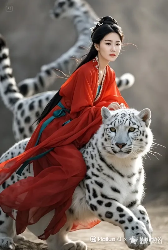 以中国古代神话仙侠为背景，视频开场，画面从云雾缭绕的神秘山谷中缓缓拉开，光影斑驳。身着一袭鲜艳夺目红色古装的女子，衣袂飘飘，红裙上的翠绿色丝带随风轻舞，发丝如墨，精致的发饰闪耀微光。她优雅且从容地骑在一只威风凛凛的雪豹身上，雪豹皮毛雪白，黑色斑纹如墨染，双眸如金色琉璃，散发着神秘而强大的气息。
 
女子微微仰首，眼神坚定又带着一丝清冷，凝视远方。雪豹步伐矫健，肌肉线条流畅，每一步都踏得沉稳有力，脚下扬起细碎尘土。在行进过程中，周围环境逐渐变化，从怪石嶙峋的山谷，到繁花似锦的仙境般山林，花瓣在空中纷纷扬扬飘落。
 
背景音效搭配轻柔的古风丝竹之音，间或夹杂着雪豹低沉的吼声。随着雪豹的奔跑，画面切换到一处古老的城池，城墙上旌旗猎猎，城内人影绰绰。女子与雪豹穿城而过，百姓们投来敬畏又好奇的目光。
 
途中可穿插一些光影特效，如月光洒在女子和雪豹身上，勾勒出神秘轮廓；或是阳光穿透云层，形成一道道金色光柱。适时添加一些粒子特效，模拟仙侠世界中的灵气流动。最后，女子与雪豹停在一座高耸入云的山峰之巅，俯瞰着壮丽山河，视频画面渐暗，留下无尽遐想。 by Hailuo AI Video Generator