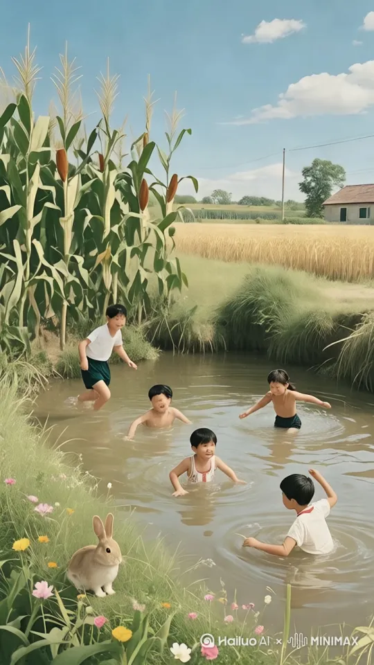 [右移,左摇,跟随]孩子们快乐打水仗 by Hailuo AI Video Generator