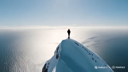 一个人站在雪山顶，环顾四周全是大海 by Hailuo AI Video Generator