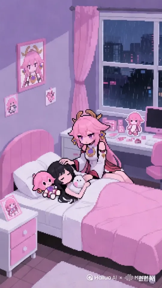 粉色头发的女孩轻轻抚摸黑色头发女孩的头像素风 by Hailuo AI Video Generator