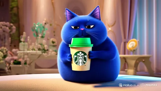 变出一只蓝色的胖猫喝星巴克结果发现星巴克被换成了蜜雪冰城然后被救护车抬走了 by Hailuo AI Video Generator