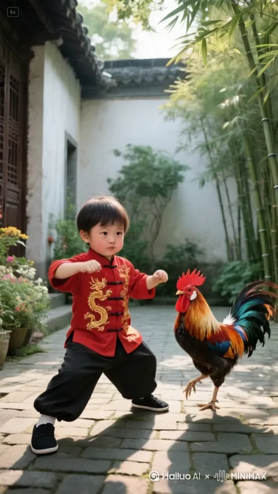 功夫萌娃左腿猛地一蹬地,高高跃起,右脚如旋风般扫向公鸡的头部。公鸡机灵地低头闪躲,同时猛地向前一冲,用头顶向功夫萌娃的腹部。功夫萌娃左拳一招右拳则如雷霆万钧之势直击公鸡的侧身。公鸡侧身一扭,避开拳头,公鸡跳起来施展出迅猛的连环踢猛踢向功夫萌娃。功夫萌娃迅速抽回手,公鸡突然高高跃起,向功夫萌娃踢去,功夫萌娃趁公鸡落地未稳,飞起一脚踢在公鸡的后腿上,他们的招式刚柔并济,时而是刚猛的直拳,时而是柔美的转身回旋踢。 by Hailuo AI Video Generator
