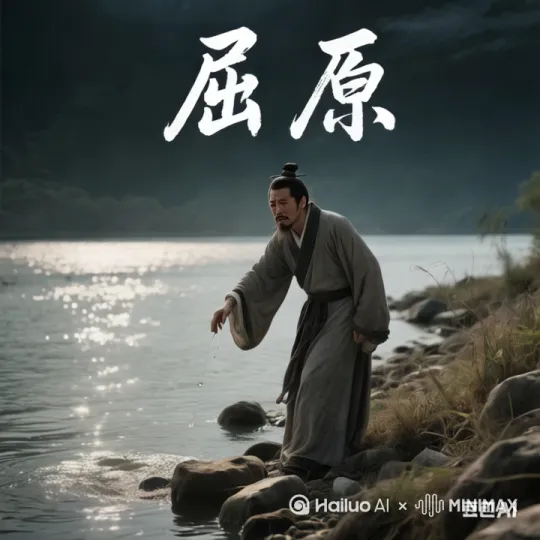 屈原仰天长叹，捶足顿胸，然后纵身向前猛[右移,左摇,跟随]跳起后投入水中，头部先入水，然后消失在水中，水面激起半米多高的浪花，最后慢慢恢复平静。镜头跟谁人物移动，有真实自然感觉。 by Hailuo AI Video Generator
