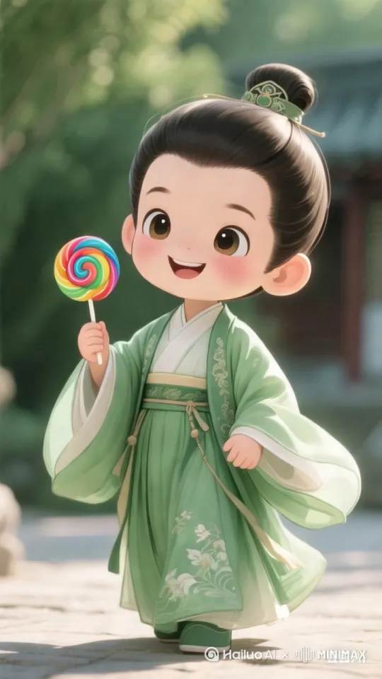 帮我生成一个视频：人物的衣袖随风飘动，人物欢快的走在大路上，边走边吃棒棒糖，阳光照在人物身上，人物地面上的影子一起移动。比例 9:16。 by Hailuo AI Video Generator