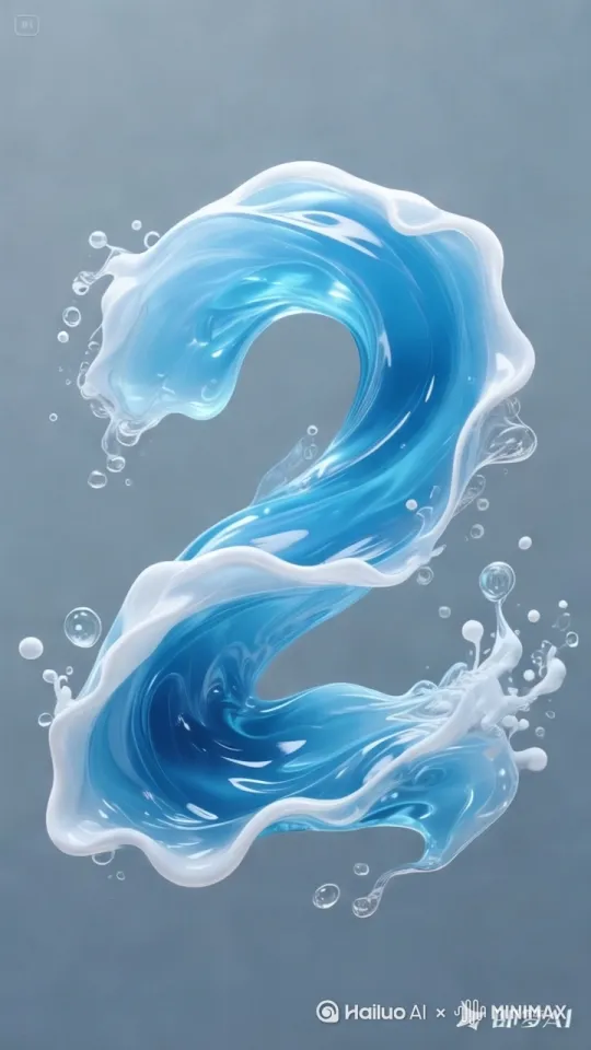 流动的海水构成数字“2”波特汹涌的海水。艺术，应呈现生动自然的海水液体形状，湍急海浪从抽象到具象的数字艺术，水流湍急在半空中雕刻而成。浓郁的蓝色和明亮的白色高光，以强调水的透明度、动感和反射。数字“2[左移,右摇,跟随]”看起来流畅动感，水花、水滴和涟漪环绕并延伸至整个结构。水流应自然卷曲和扭曲，精确形状，在保持易读性的同时，传达出动感和活力。背景必须是透明的，以便将焦点完全集中在由水构成的字符上。” by Hailuo AI Video Generator