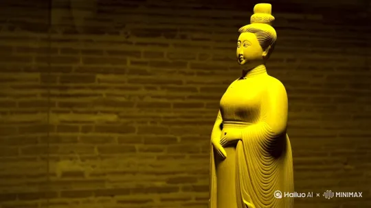 【镜头1】(3秒）
画面：昏暗博物馆展柜中，唐代仕女俑（丰腴体态、襦裙高髻）静立，背景为素色仿古砖墙。
色彩：低饱和土黄色调，还原文物质感。
转场：突然一道光束扫过，仕女俑眼珠微转，睫毛颤动。 by Hailuo AI Video Generator