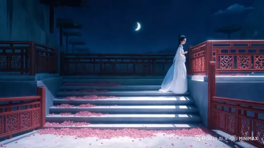 云儿轻轻飘动，美女扶着栏杆叹息，生成动态视频。 by Hailuo AI Video Generator