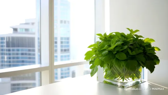 在高层住宅里，白色书桌的桌面上，方形玻璃器皿，装着茂盛、郁郁葱葱的留兰香皱叶薄荷 by Hailuo AI Video Generator
