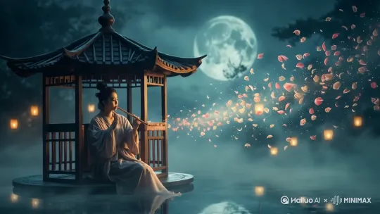 花瓣轻飘，轻吹笛音，动态 by Hailuo AI Video Generator