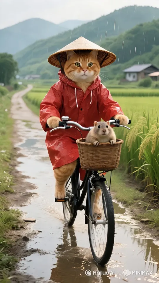 根据图片，帮我做一个十秒钟的视频，要求猫的面部表情丰富，骑自行车的动作很连贯，土拨鼠东张西望的动作很可爱 by Hailuo AI Video Generator