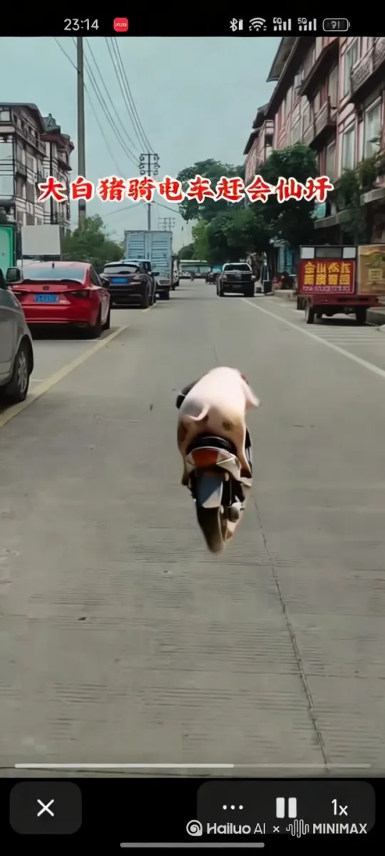 一条乡村公路上，一只体型较大的猪，翻身骑上电动车，朝着前方快速驶去，沿着道路行驶。路旁的行人都不住的回头看看。右侧有一辆载着货物的三轮车，上面有“会仙永达家具展销”的字样。道路两旁有不少行人，还有庄稼，路边有树木和电线杆。路上不停有汽车驶过， by Hailuo AI Video Generator
